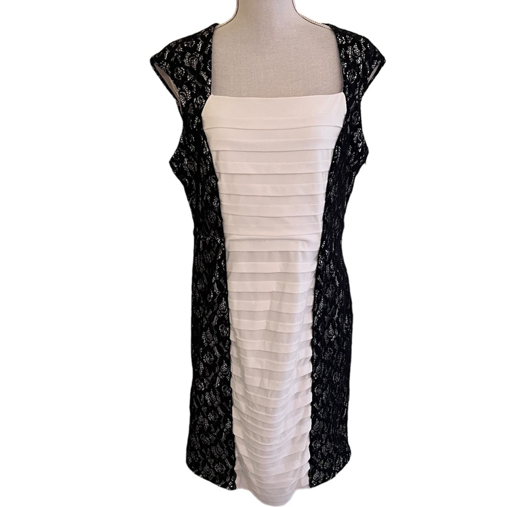 Scarlett Cream Pleated Sheath Dress with Black Lace Detail 16